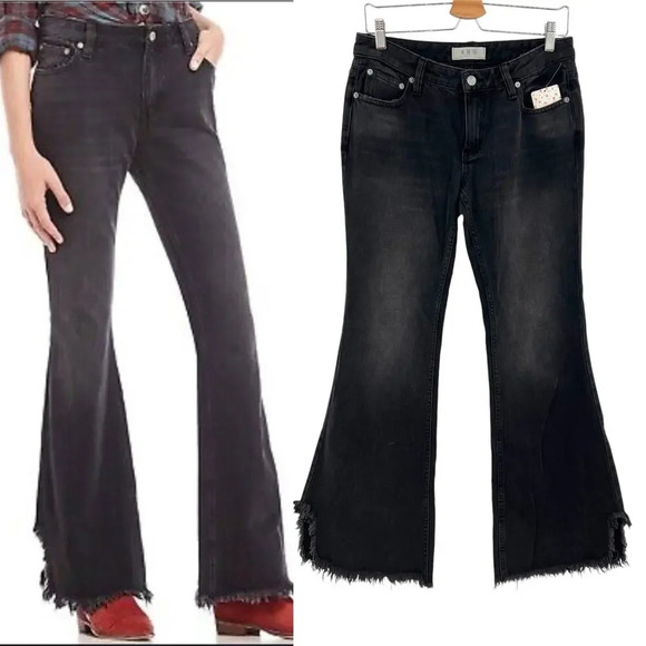 Free People Vintage‎ Flared Jeans Black Ash Denim Raw Hem Size 27 - Picture 1 of 14